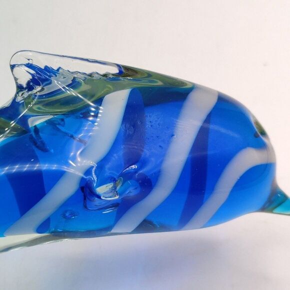 Vintage Striped Glass Dolphin Hand Blown Blue White Art Glass Sculpture 7" Rare - Picture 11 of 13
